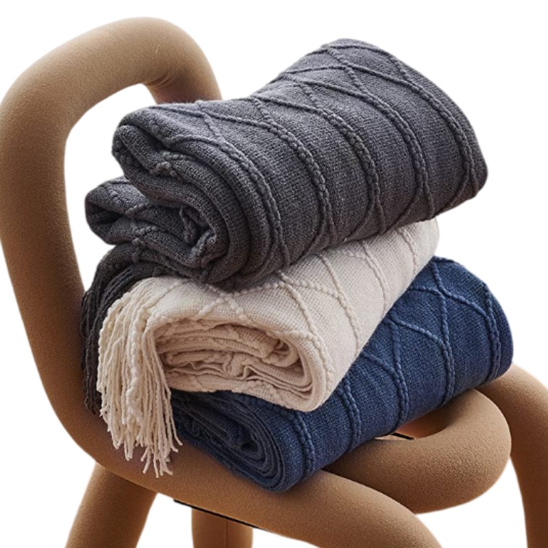 Throw Blanket Chunky Knit - Selimut Rajut Vintage Warna Khaki Abu-abu