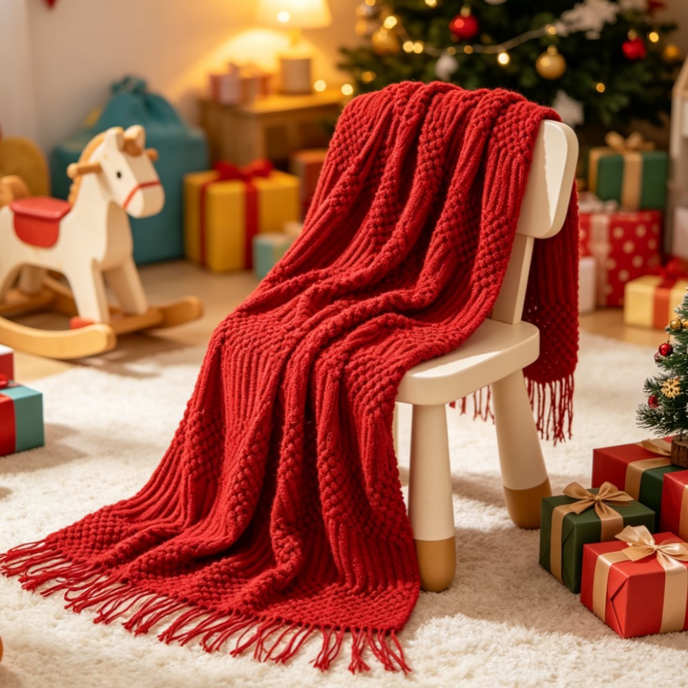 Throw Blanket Chunky Knit - Selimut Rajut Tebal Gaya Boho Merah,