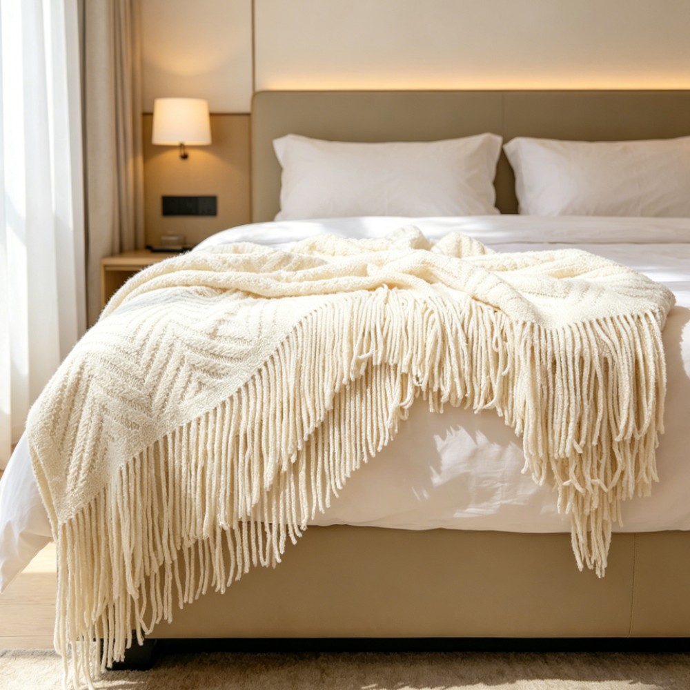Throw Blanket Chunky Knit - Selimut Rajut Tebal Mewah Warna Krem,
